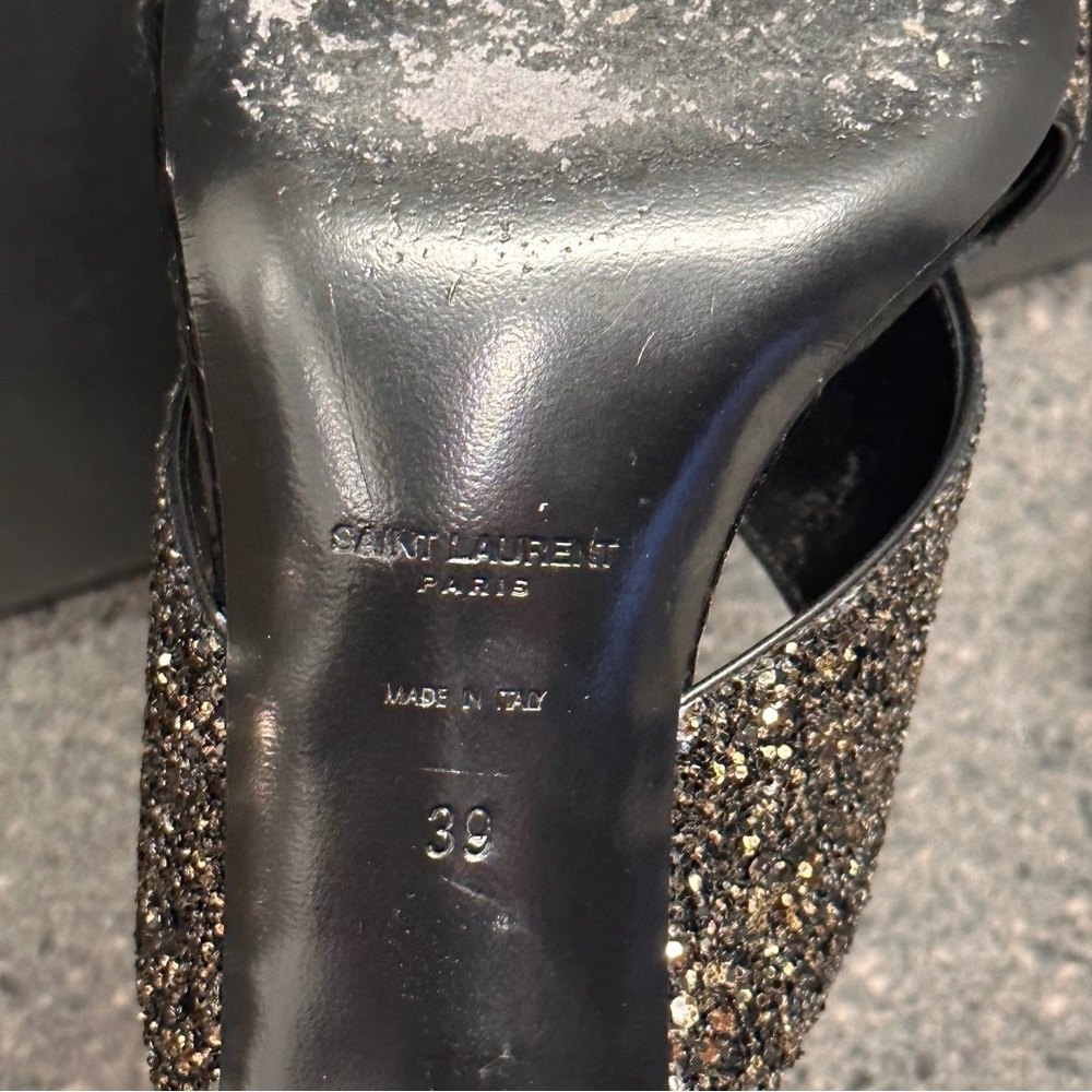 Saint Laurent Black and Gold Glitter Crisscross Block Heel Mules - Picture 2 of 13